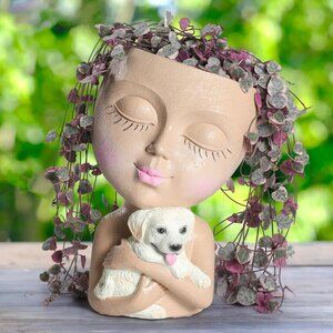Whimsical Lady Face Planter with Dog – Khaki Resin Pot